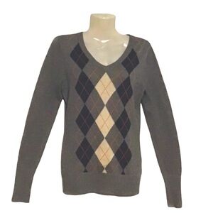 Merona V-Neck Argyle Print Long Sleeve Gray Sweater XS (but fits like a small)